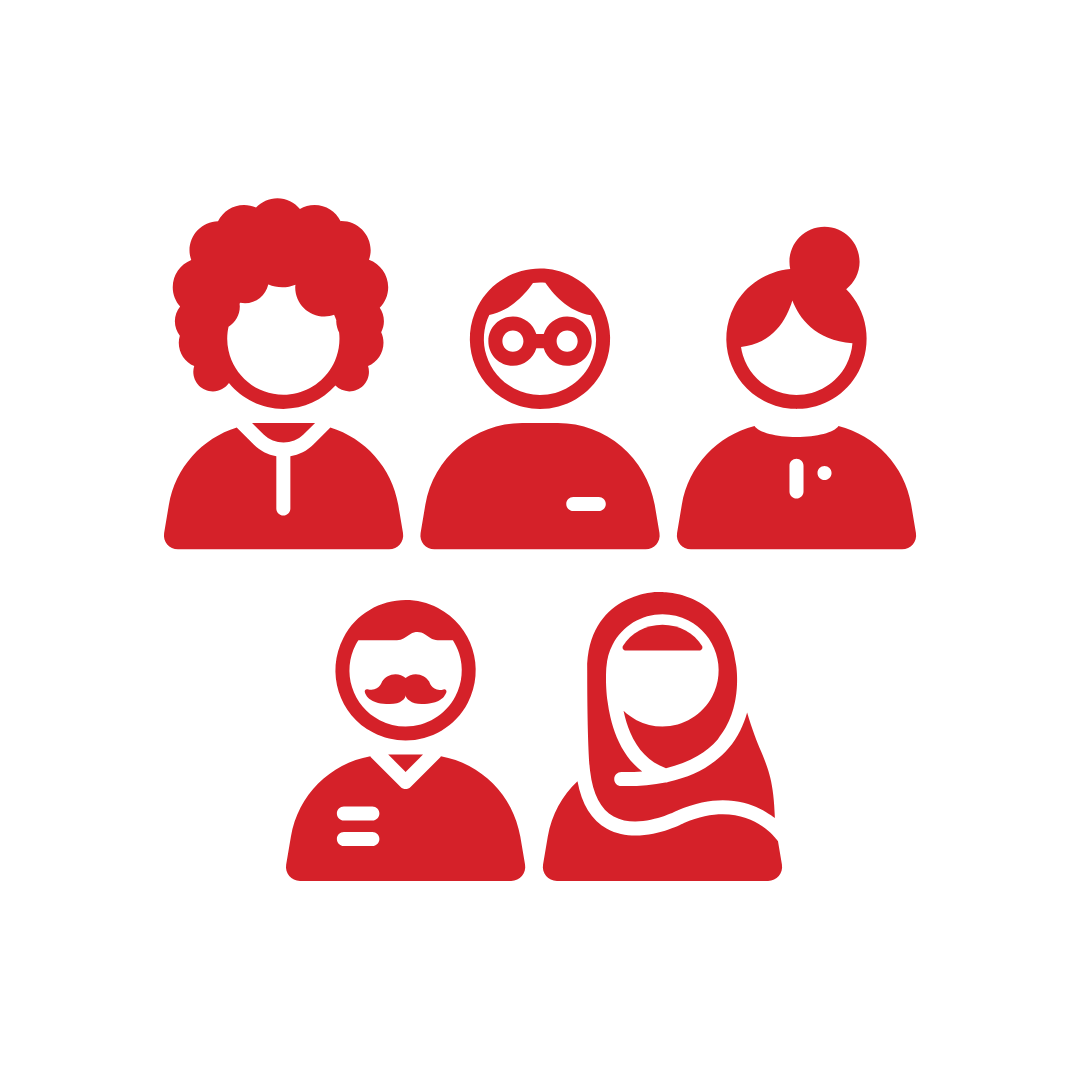 Five people, each with unique hairstyles and accesories.